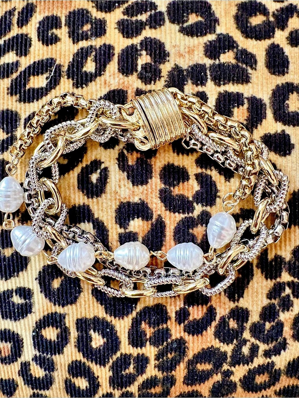 Layered Pearl Chain Bracelet in Gold & Silver New